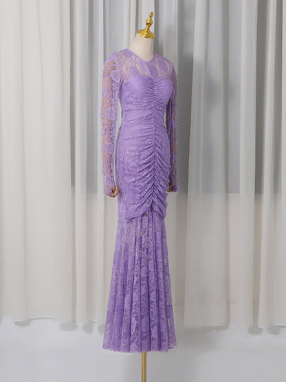 penny lace  hollow ruched bodycon long sleeve maxi dress in purple