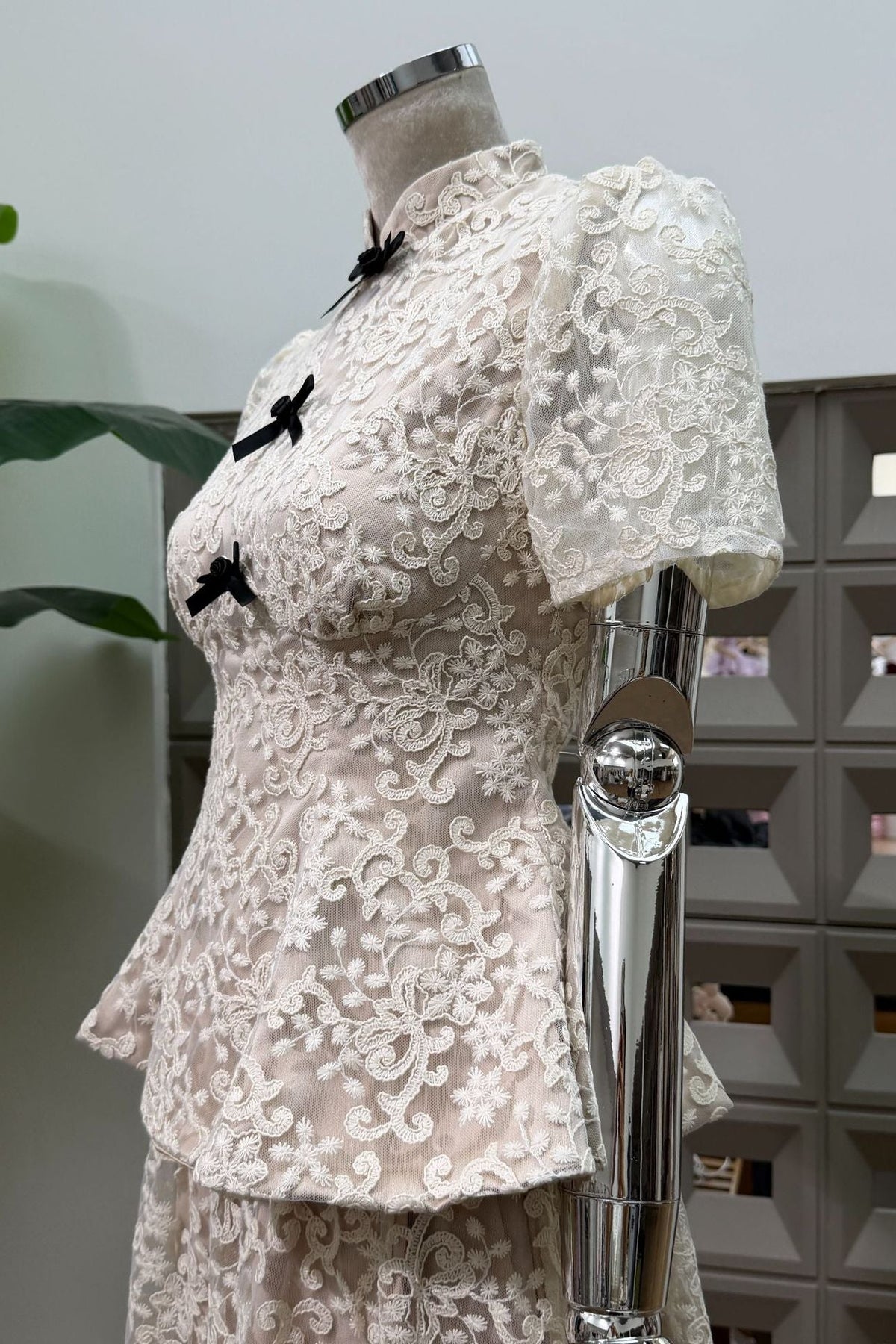 Ivory Lace Peplum Top & A-Line Maxi Skirt Two-Piece Set