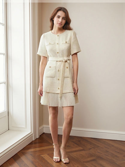 Cream Sparkly Tweed Round Neck Short Sleeve Belted Pleated Hem Mini Dress