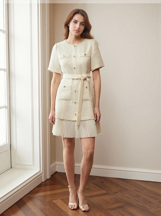 Cream Sparkly Tweed Round Neck Short Sleeve Belted Pleated Hem Mini Dress