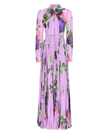 purple floral printed long sleeve pleated dress