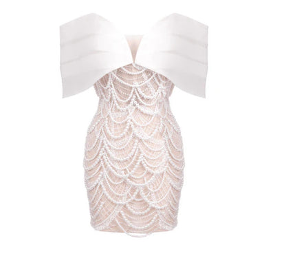 Off Shoulder Organza Pearl Beaded Mini Bodycon Dress