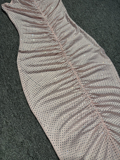 Hollow Mesh Rhinestone Sleeveless maxi Dress in pink