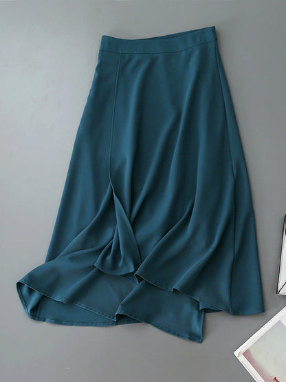 Teal High Waist Irregular Layered Midi A Line Skirt Business Elegant Long Skirt