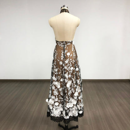 alyssa black Halter Floral Embroidered Midi Dress