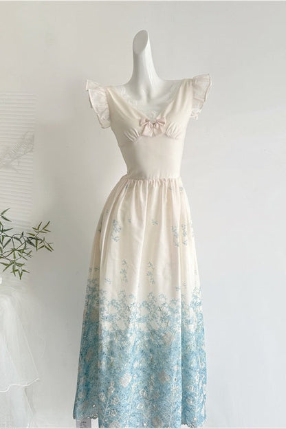 White Cotton Woven Fit-and-Flare Midi Dress with Gradient Floral and Eyelet