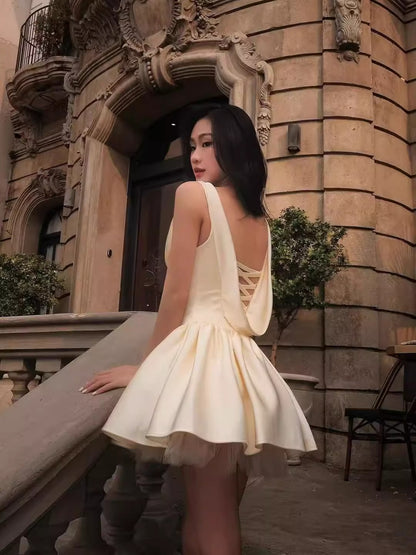 bernice backless pleated puffy Mini Dress - Champagne
