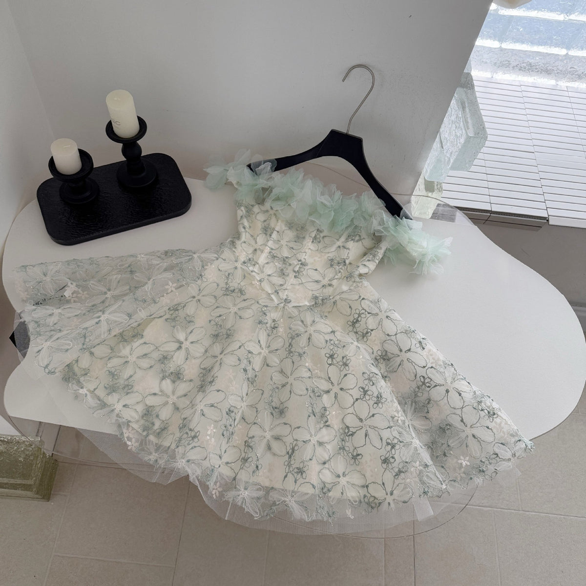 Pale Sage Green Organza Fit-and-Flare Mini Dress with Floral Embroidery