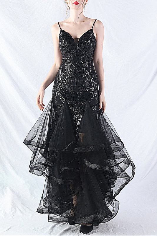 sequin slip tulle maxi dress