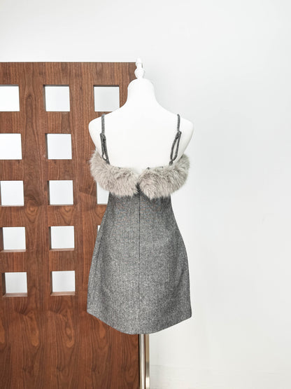 victoria Spaghetti Faux Fur Mini Dress in grey