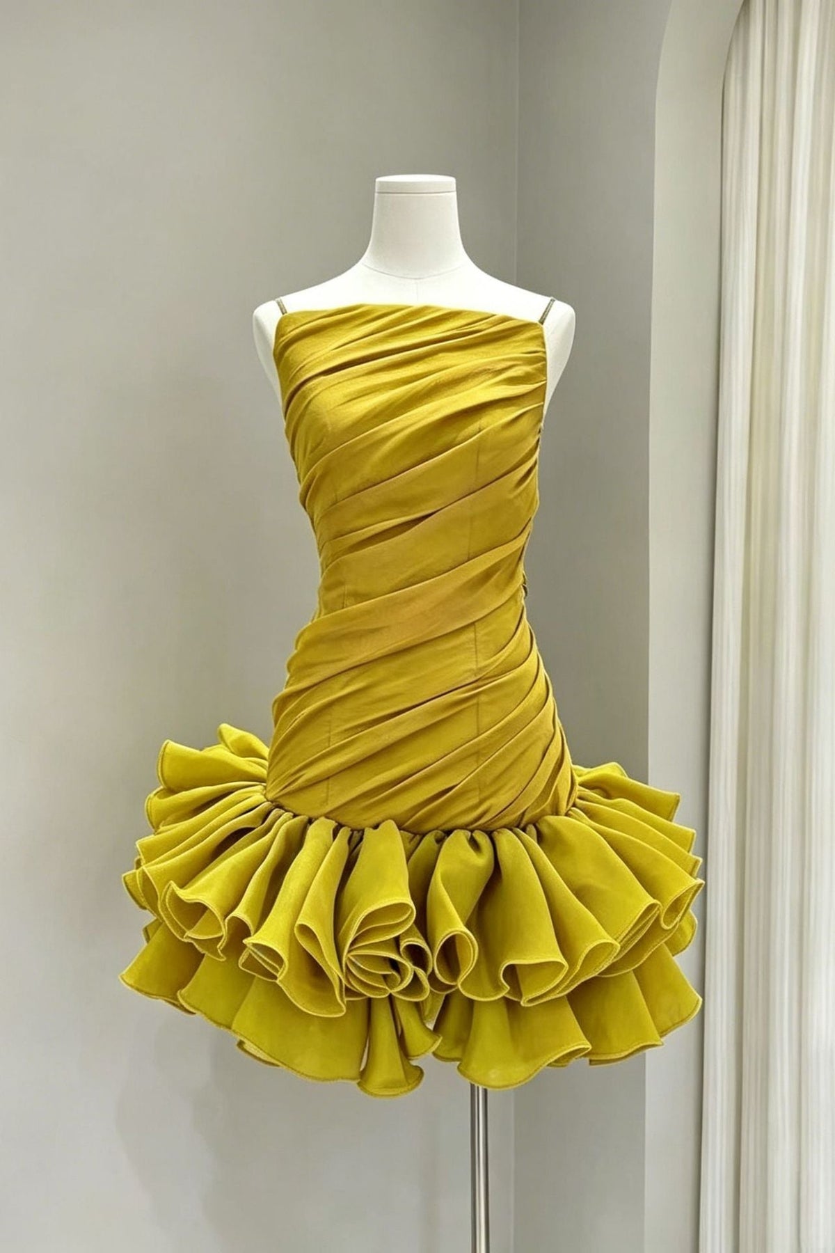 Mustard Yellow Thin Strap Diagonal Ruched Ruffle Hem Mini Dress