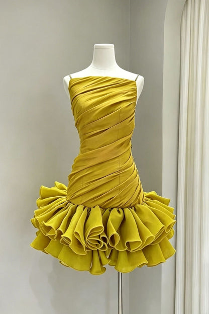 Mustard Yellow Thin Strap Diagonal Ruched Ruffle Hem Mini Dress