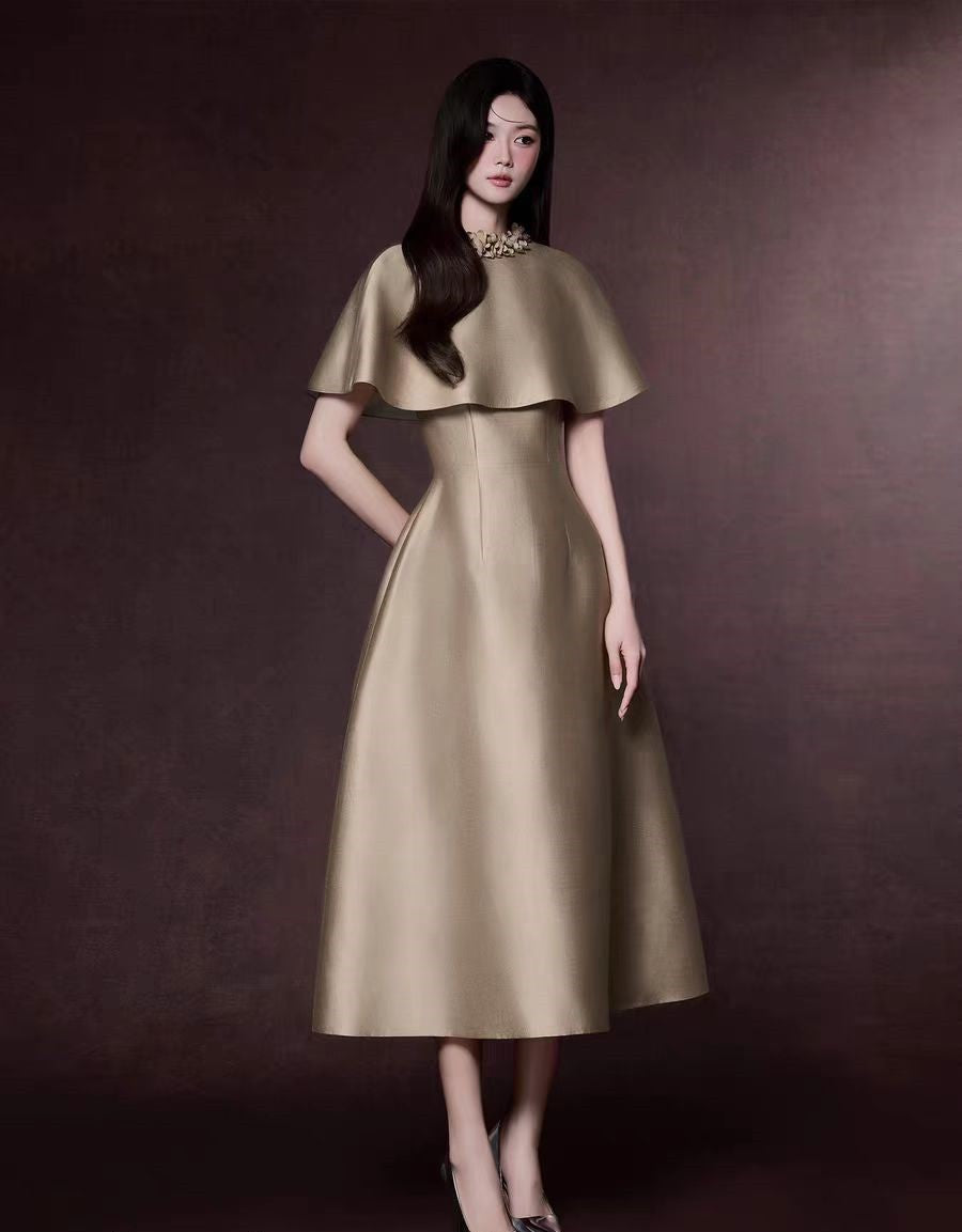 michelle Khaki Cape Satin Midi Dress