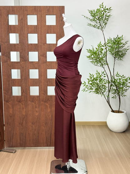 Chocolate Brown One-Shoulder Maxi Dress in Stretch Jersey