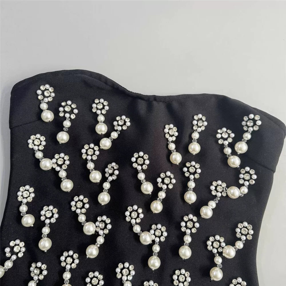 Strapless Pearl Rhinestone Cluster Bodycon Mini Dress