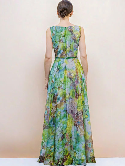 green flower sleeveless large swing maxi dress