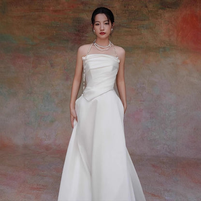 Lydia White French Satin Strapless maxi Train Welcome Gown