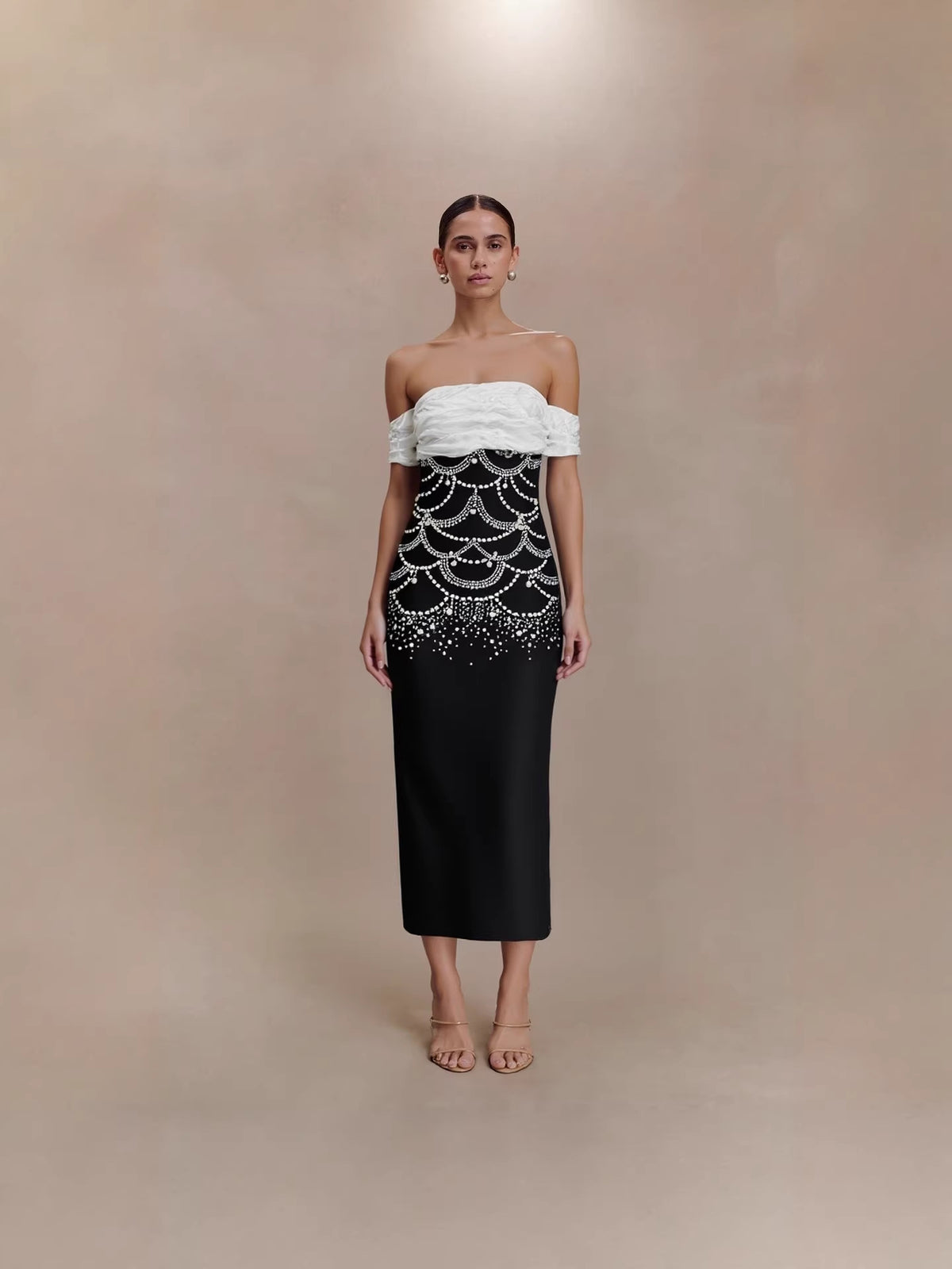 teresa beading rhinestone strapless midi dress in black