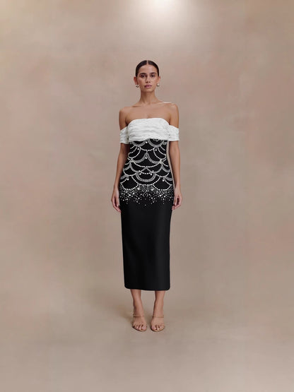 teresa beading rhinestone strapless midi dress in black