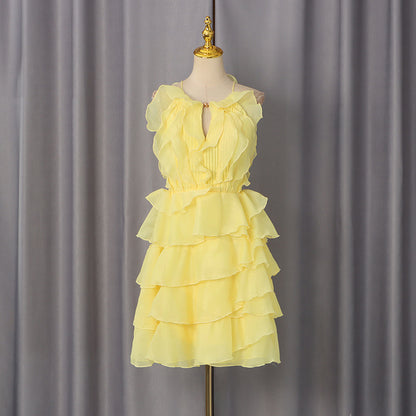 Pastel Yellow Chiffon Fit-and-Flare Mini Dress