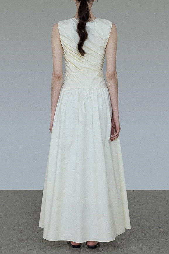 jenny ruched a-line sleeveless midi dress in apricot
