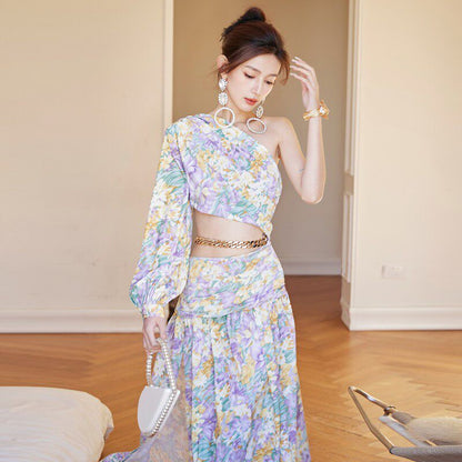 dolores French-style printed off-shoulder single-sleeve slit mini dress