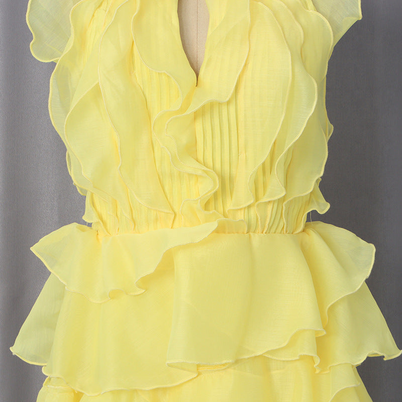Pastel Yellow Chiffon Fit-and-Flare Mini Dress