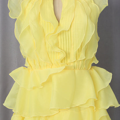 Pastel Yellow Chiffon Fit-and-Flare Mini Dress
