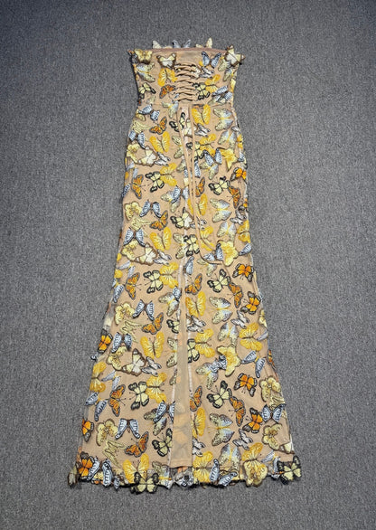 vivien multicolor 3D Butterfly Lace Strapless maxi Dress