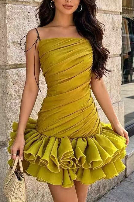 Mustard Yellow Thin Strap Diagonal Ruched Ruffle Hem Mini Dress