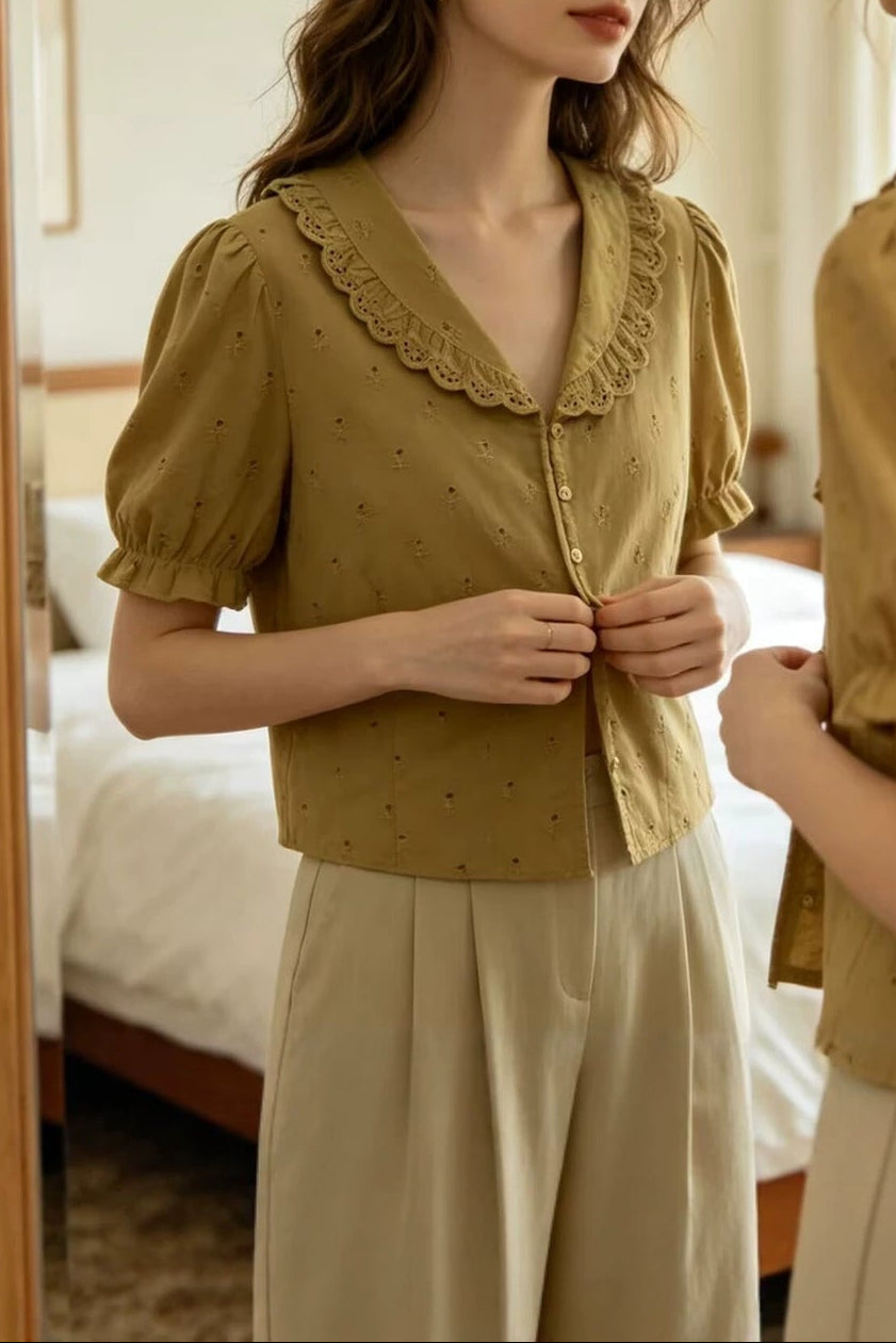 lace embroidered lapel shirt short-sleeved shirt top