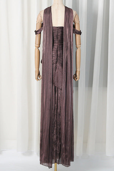 Bronze Metallic Draped A-Line Evening Gown with High Slit