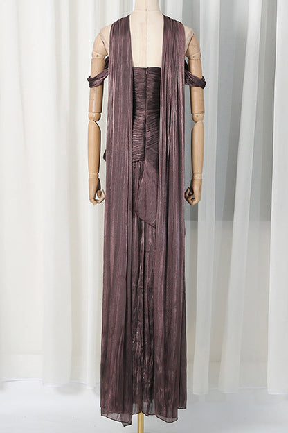 Bronze Metallic Draped A-Line Evening Gown with High Slit