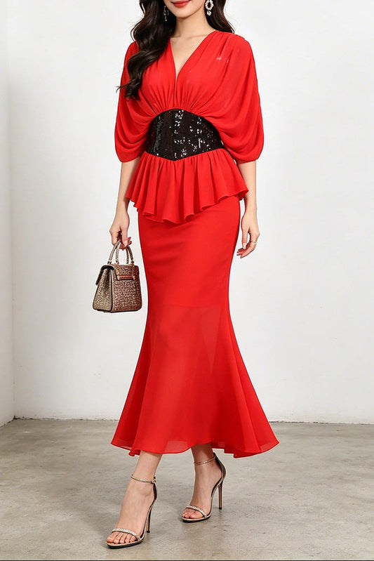 yvette v-neck fishtail bodycon maxi dress - red