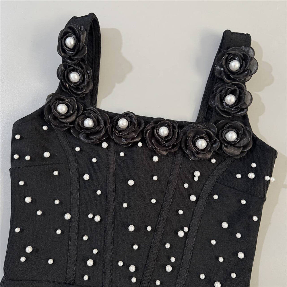 Black Heavyweight Stretch Knit Column Maxi Dress with Pearl Embellishments