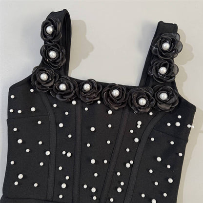 Black Heavyweight Stretch Knit Column Maxi Dress with Pearl Embellishments