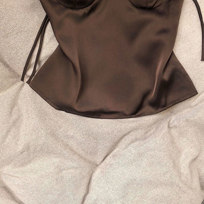 Dark Brown Satin Structured Corset Top