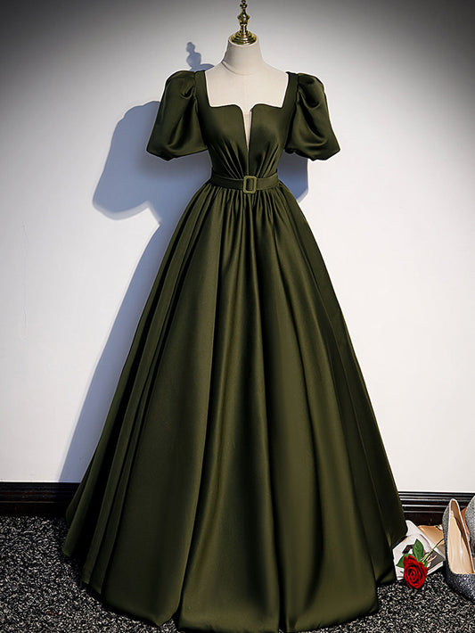 Green satin A line dress