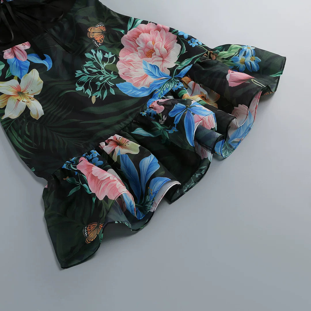Tropical Floral Cutout High Low Tiered Maxi Dress
