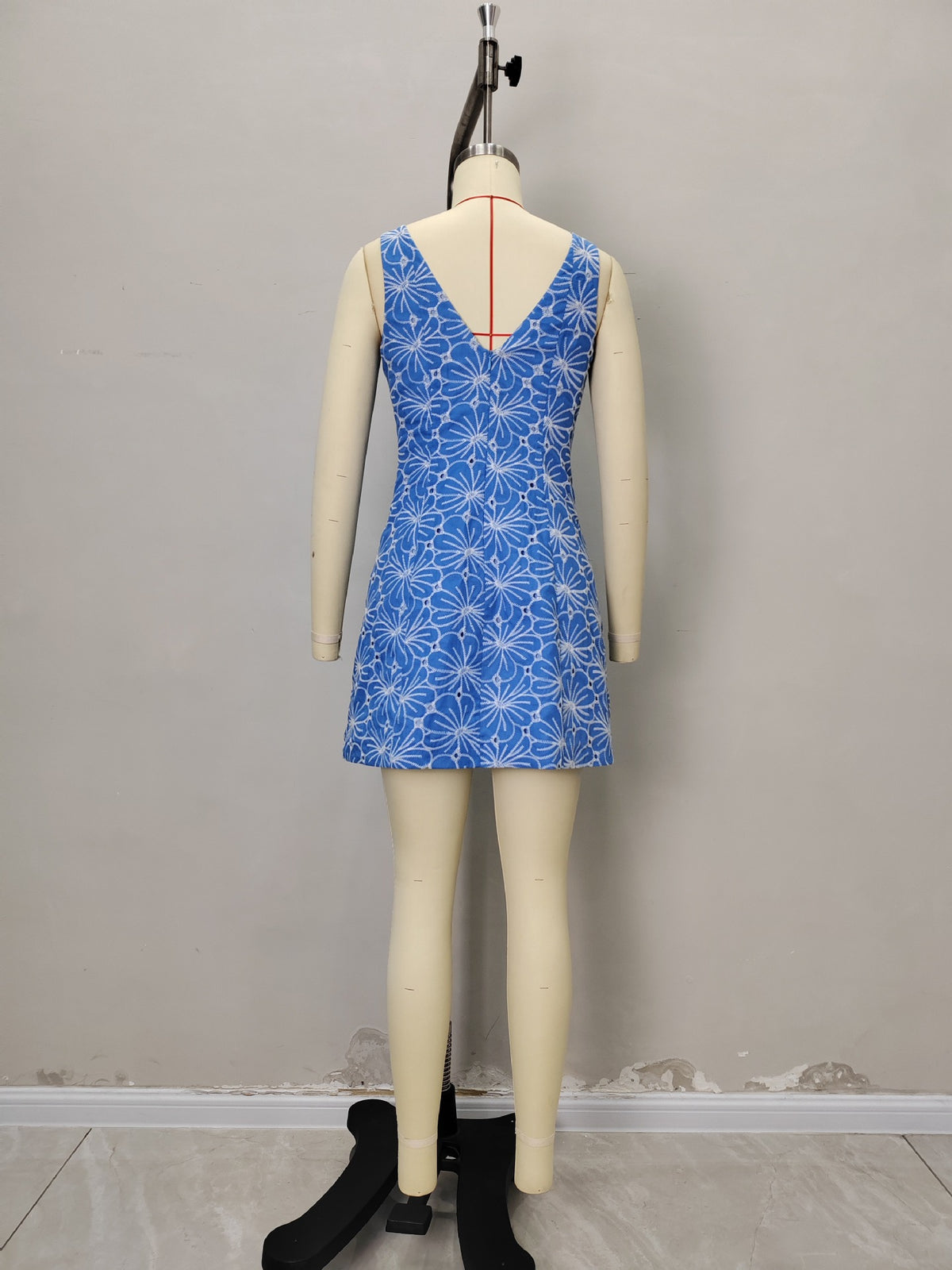 Light Blue Floral Eyelet Boat Neck Sleeveless Flare Mini Dress