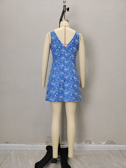 Light Blue Floral Eyelet Boat Neck Sleeveless Flare Mini Dress