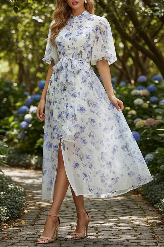 Pink Floral Print Mandarin Collar Chiffon Maxi Dress