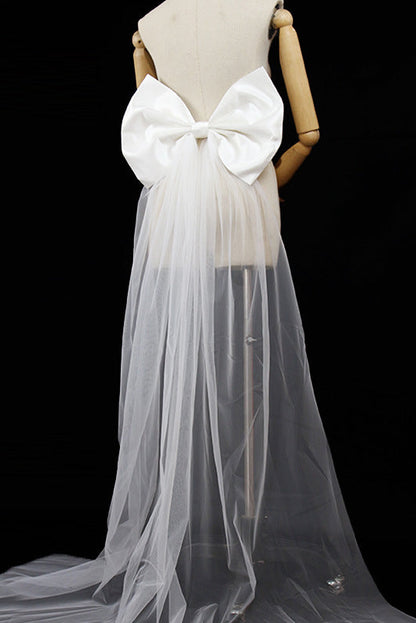 Oversized White Satin Giant Back Bow with Long Sheer Tulle Train Sash