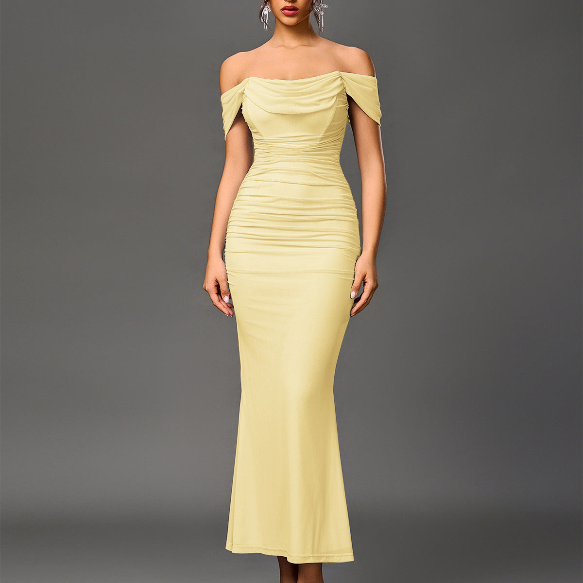 Off Shoulder Draped Cowl Ruched Mesh Mermaid Maxi Dress