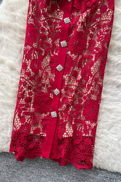 Dark Red Corded Floral Lace Sheath with Peplum Dress