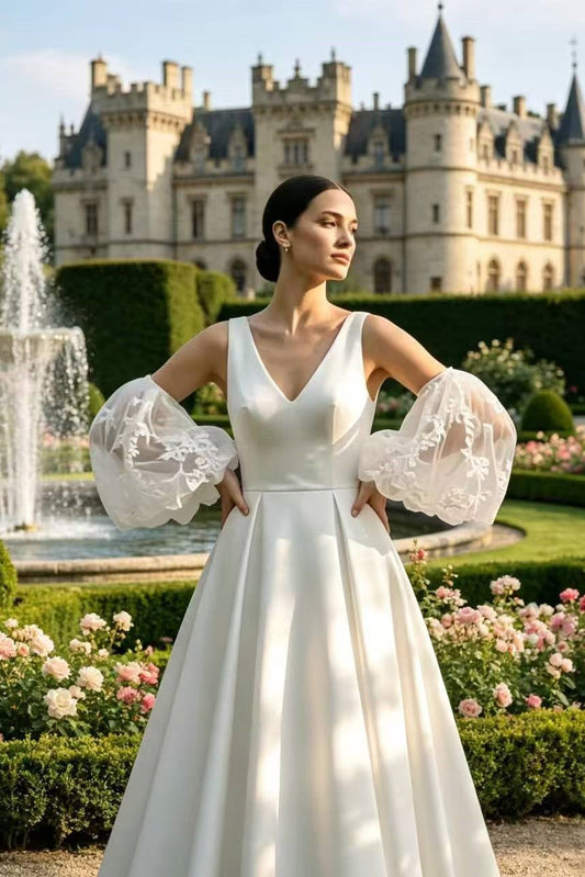 Satin V-Neck A-Line Wedding Gown with Detachable Floral Lace Bubble Sleeves