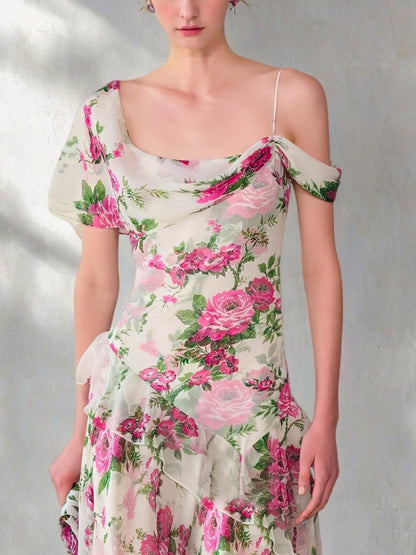 white off-the-shoulder floral printed midi dress