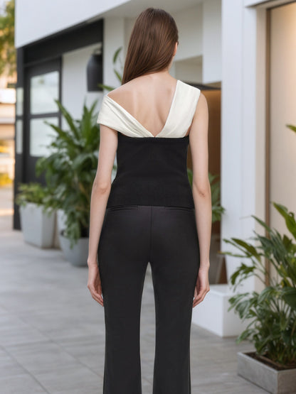 Black White Color Block Off Shoulder Twist Knot Fitted Tank Top
