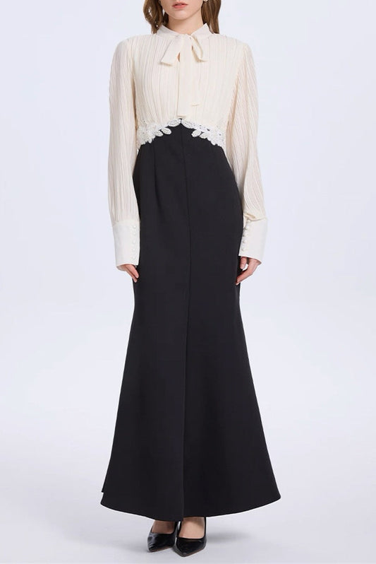 carlin Balloon Sleeve Ruched Tie Up Midi Dress - white & black