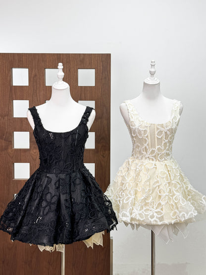 vera sequin embellishment lace puffy mini dress in black